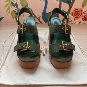 Green Suede Platform Sandals with Buckles